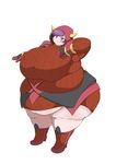  1girl artist_request blush boots high_heels hood kagari_(pokemon) kagari_(pokemon)_(remake) kukuru looking_at_viewer obese pokemon pokemon_oras purple_eyes purple_hair sweater team_magma thick_thighs 