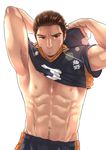  1boy abs azumane_asahi bara haikyuu!! happy_trail male_focus shirt_lift solo sportswear undressing volleyball_uniform white_background 