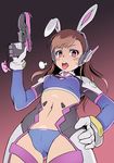  animal_ears blush brown_hair bunny_ears d.va d.va_(overwatch) facial_mark gun hana_song hand_on_hip headphones long_hair looking_at_viewer midriff navel open_mouth overwatch rke solo stomach sweat sweatdrop tongue_out weapon 