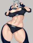  1girl :p abs angel_(kof) blue_eyes breasts bursting_breasts cameltoe chaps female king_of_fighters large_breasts midriff navel open_mouth short_hair silver_hair simple_background snk solo the_king_of_fighters tongue 