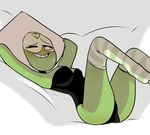  arms_behind_head arms_up ass breasts forehead_jewel green_skin grin hips kneesocks leotard naughty_face on_bed peridot_(steven_universe) smile steven_universe sweat 