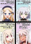  4girls abigail_williams_(fate/grand_order) bangs black_bow black_dress black_hat black_shirt blonde_hair blue_eyes blush bow chestnut_mouth chloe_von_einzbern commentary_request dress eyebrows_visible_through_hair fate/grand_order fate/kaleid_liner_prisma_illya fate_(series) forehead green_eyes hair_between_eyes hair_bow hair_ornament hands_up hat highres illyasviel_von_einzbern jack_the_ripper_(fate/apocrypha) juuji_(spiral-koma) light_brown_hair long_hair long_sleeves multiple_girls nose_blush open_mouth orange_bow orange_eyes parted_bangs pink_hair polka_dot polka_dot_bow portrait red_eyes shirt shoulder_tattoo silver_hair sleeveless sleeveless_shirt sleeves_past_fingers sleeves_past_wrists tattoo translation_request white_shirt 