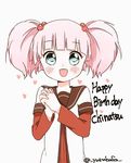  1girl :d aqua_eyes bafarin bangs blunt_bangs blush english hair_bobbles hair_ornament happy happy_birthday interlocked_fingers open_mouth pink_hair school_uniform serafuku short_twintails simple_background smile solo twintails twitter_username white_background yoshikawa_chinatsu yuru_yuri 