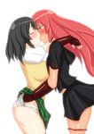  2girls ass asuka_(senran_kagura) black_hair blush breast_press breasts dark_skin eyes_closed flying_sweatdrops gauntlets hair_down hand_under_clothes homura_(senran_kagura) kiss large_breasts long_hair multiple_girls panties panty_pull red_eyes red_hair red_panties senran_kagura senran_kagura_(series) shiny shiny_hair shiny_skin short_hair sideboob skirt striped striped_panties sweatdrop underwear very_long_hair yukihana_(awa) yuri 