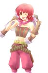  1girl bare_shoulders breasts iria_animi jacket midriff navel one_eye_closed open_mouth pants red_eyes red_hair short_hair socks solo tales_of_(series) tales_of_innocence wink 