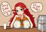  1girl artist_request blue_eyes breasts erect_nipples female large_breasts long_hair looking_at_viewer malon milk pointy_ears red_hair saliva solo the_legend_of_zelda the_legend_of_zelda:_ocarina_of_time tongue_out wet 