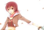  1girl belt gun iria_animi jacket midriff open_mouth red_eyes red_hair scarf short_hair solo tales_of_(series) tales_of_innocence weapon 
