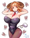  1girl animal_ears armpits arms_up bare_shoulders blonde_hair breasts bunny bunny_girl bunny_tail bunnysuit cleavage curvy female horns huge_breasts long_hair nana_(mogs1225) necktie_between_breasts open_mouth orange_eyes orange_hair original pantyhose simple_background solo standing tail 