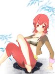  1girl barefoot blush breasts iria_animi jacket midriff pants red_eyes red_hair short_hair solo tales_of_(series) tales_of_innocence 
