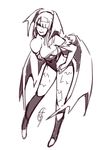  1girl breasts capcom female ganto grin huge_breasts large_breasts looking_at_viewer monochrome morrigan_aensland pose satisfied smile solo vampire_(game) white_background wide_hips 