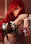  1girl breasts cleavage cup drinking_glass hair_over_one_eye karl_liversidge league_of_legends long_nails looking_at_viewer nail_polish red_hair ring sarah_fortune solo tattoo upper_body 