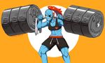  1girl abs barbell biceps blue_skin breasts cleavage eyepatch fins gills gym_shorts high_ponytail midriff monster_girl muscle navel red_hair sharp_teeth shorts smile solo sports_bra taikodon toned undertale undyne weightlifting weights 