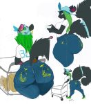  2018 anthro big_breasts big_butt black_fur breasts butt clothed clothing ear_piercing ear_ring eyeshadow female footwear fur green_hair hair hat hi_res high_heels huge_butt jeans lipstick makeup mammal pants piercing pyredaemos rodent sciurid shirt shoes shopping shopping_cart simple_background solo squigga text thick_thighs tree_squirrel white_trash wide_hips 