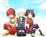  1boy 2girls belt black_hair breasts brown_eyes chitose_cxarma eyes_closed iria_animi jacket midriff multiple_girls open_mouth pants red_eyes red_hair ribbon ruca_milda scarf shoes short_hair smile socks tales_of_(series) tales_of_innocence twintails white_hair 