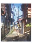  1girl backpack bag black_footwear blue_sky brown_hair building cloud denim denim_shorts door hand_up huge_filesize lantern leaf long_hair map original outdoors pipes power_lines scenery shadow shirt sho_(shoichi-kokubun) shoes shorts sky solo stairs standing t-shirt 