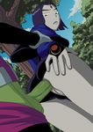  1boy 1girl anal ass bare_legs beast_boy clothed_sex dc_comics forest grey_skin hetero leotard nature penis pillow purple_eyes purple_hair pussy raven_(dc) sex short_hair sky solo_focus sweat teen_titans tree vaginal 