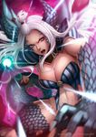  1girl alternate_form angry bare_shoulders blue_eyes breasts claws cleavage curvy energy_ball fairy_tail fangs female horns large_breasts long_hair looking_at_viewer magion02 mirajane_strauss open_mouth scales silver_hair solo thick_thighs topknot twintails 
