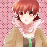  1girl blush breasts iria_animi jacket open_mouth red_eyes red_hair scarf short_hair solo tales_of_(series) tales_of_innocence 
