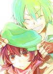  1girl eyes_closed fingerless_gloves gloves green_hair grin hat iria_animi jacket open_mouth red_eyes red_hair scarf short_hair smile spada_belforma tales_of_(series) tales_of_innocence 