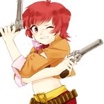  1girl belt gun iria_animi jacket midriff one_eye_closed open_mouth pants red_eyes red_hair short_hair solo tales_of_(series) tales_of_innocence torn_clothes weapon 
