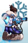  ass boots brown_hair coat from_behind fur_coat fur_trim glasses gun hair_bun hair_ornament hood kasu-pan kneeling looking_at_viewer looking_back mei-ling_zhou mei_(overwatch) muridae overwatch solo thick_thighs tight_pants weapon winter_clothes 