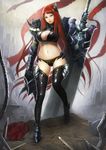  1girl armor breasts cleavage female huge_sword knight large_breasts lips long_hair meto31 navel red_eyes red_hair solo sword weapon 