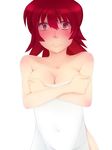  1girl bare_shoulders blush breasts cleavage embarrassed iria_animi red_eyes red_hair short_hair solo tales_of_(series) tales_of_innocence towel 