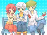  2boys bare_shoulders belt blush boots breasts food green_eyes green_hair grey_eyes ice_cream icecream iria_animi jacket midriff multiple_boys open_mouth pants red_eyes red_hair ruca_milda sapda_belforma scarf short_hair silver_hair socks spada_belforma tales_of_(series) tales_of_innocence vest 