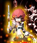  1girl belt breasts gun iria_animi jacket midriff open_mouth pants red_eyes red_hair scarf short_hair solo tales_of_(series) tales_of_innocence weapon 