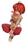  1girl belt breasts iria_animi jacket midriff navel open_mouth pants red_eyes red_hair shoes short_hair socks solo tales_of_(series) tales_of_innocence 