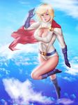  1girl audia_pahlevi blonde_hair blue_sky boots breasts cape cleavage cleavage_cutout cloud dc_comics flying gloves kryptonian leotard midair power_girl red_cape short_hair sky solo superman_(series) 