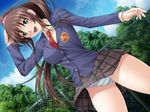  1girl artist_request bare_legs blush brown_hair character_request female game_cg green_eyes happy long_hair looking_at_viewer open_mouth outdoors panties school_uniform skirt_lift smile solo source_request standing striped_panties tagme teeth tooth underwear 