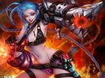  1girl blue_hair braid bullet cannon duong_tich_vi evil_grin evil_smile fire grin gun jinx_(league_of_legends) league_of_legends looking_at_viewer navel red_eyes short_shorts small_breasts smile solo stomach weapon 