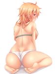  1girl ass back bare_shoulders barefoot blush bra butt_crack fast-runner-2024 from_behind frown long_hair looking_back orange_hair original panties red_eyes shiny shiny_skin solo tiffy underwear wariza wedgie 