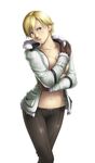  1girl blonde_hair blue_eyes blush breast_press breasts coat covering female gloves highres large_breasts legs looking_at_viewer navel no_bra resident_evil resident_evil_6 sherry_birkin short_hair simple_background solo standing thighs thor_(deep_rising) white_background 