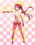  1girl artist_request ass back blush bodysuit breasts cthugha_(nyaruko-san) elbow_gloves flame gloves hair_ornament haiyore!_nyaruko-san highres long_hair looking_at_viewer looking_back pointing red_eyes red_gloves red_hair red_legwear solo standing thighhighs twintails 