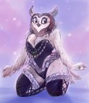  abstract_background anthro avian beak big_breasts bird black_clothing bojack_horseman breasts brown_feathers cleavage clothed clothing evanight eyelashes feathers female full-length_portrait kneeling legwear lingerie non-mammal_breasts owl portrait smile solo sparkles stockings wanda_pierce 