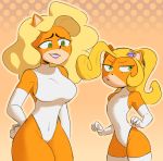  2018 4_fingers anthro armwear bandicoot benaticbro big_breasts blonde_hair breast_envy breasts clothing coco_bandicoot colored crash_bandicoot_(series) duo elbow_gloves female frown fur gloves green_eyes hair leotard mammal marsupial navel orange_fur pose side_boob simple_background size_difference small_breasts smile standing tawna_bandicoot thick_thighs tight_clothing video_games 
