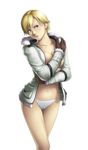  1girl blonde_hair blue_eyes blush breast_press breasts coat covering female gloves highres large_breasts legs looking_at_viewer navel no_bra panties resident_evil resident_evil_6 sherry_birkin short_hair simple_background solo standing thighs thor_(deep_rising) underwear white_background 