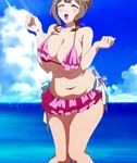  beach belly bikini bra breast_squeeze breasts brown_hair cleavage huge_breasts kaneko_hiraku kazami_torino milf panties pink_bikini plump screencap smile solo standing stitched swimsuit underwear valkyrie_drive valkyrie_drive_-mermaid- 