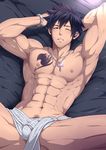  1boy abs bed black_hair blush fairy_tail gray_fullbuster looking_at_viewer male_focus mazjojo muscle nude pecs pubic_hair solo sweat tattoo 