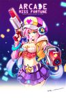 aiming_at_viewer alternate_costume arcade_(league_of_legends) belt breasts bubble_blowing bubblegum cleavage dual_wielding gun hat heart hood hoodie league_of_legends looking_at_viewer midriff moonblue nail_polish navel pink_hair sarah_fortune skirt sleeveless solo star stomach weapon 