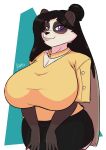  absurd_res big_breasts black_hair blush breasts clothed clothing female fully_clothed giant_panda hair hair_bun hands_on_thighs hi_res huge_breasts jwinkz long_hair looking_at_viewer mammal multicolored_hair purple_eyes smile solo two_tone_hair ursid voluptuous wide_hips 