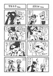 2girls 4koma :d aori_(splatoon) bench blush closed_eyes comic commentary_request covering_face domino_mask dress earrings embarrassed face_licking fangs food food_on_head gloves greyscale highres holding hotaru_(splatoon) ice_cream jewelry koryuu_(dbkvp1) licking long_hair looking_at_another looking_back mask mole mole_under_eye monochrome multiple_4koma multiple_girls object_on_head open_mouth pantyhose pointy_ears short_dress short_hair short_jumpsuit sitting smile splatoon_(series) splatoon_1 standing tentacle_hair translated yuri 