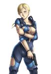  1girl blonde_hair blue_eyes blush bodysuit breast_squeeze breasts cleavage female gun highres jill_valentine large_breasts legs long_hair looking_at_viewer open_clothes ponytail resident_evil resident_evil_5 simple_background solo standing sweat thighs thor_(deep_rising) torn_clothes unzipped weapon white_background zipper 