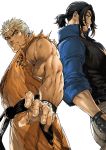  2boys azuma_kyoutarou_(artist) belt biceps black_hair blonde_hair commentary commentary_request highres looking_at_viewer multiple_boys official_art ponytail robert_garcia ryou_sakazaki ryuuko_no_ken shirt short_hair shoulders snk the_king_of_fighters the_king_of_fighters_xiv tied_hair vest 