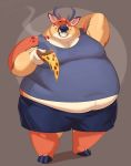  anthro antlers belly belly_overhang big_belly blush brown_fur cervid chubby_cheeks clothed clothing double_chin food fur grey_background holding_food holding_object hooves horn love_handles male mammal midriff moobs obese obese_male one_eye_closed overweight overweight_male pizza shirt shorts simple_background smile solo standing tank_top thebluebear27 wide_hips 