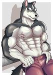  2015 abs anthro biceps big_muscles blue_eyes canid canine canis claws clothed clothing domestic_dog fangs fur grey_fur hair hairy hi_res husky iszac87 looking_at_viewer male mammal muscular muscular_male nipples pants pecs pose simple_background sitting solo teeth topless unknown_artist white_fur 
