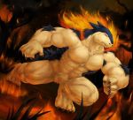 2019 4_toes 5_fingers abs anthro biceps big_muscles blue_fur cinna-tree claws detailed_backround fangs fire fur hair hi_res hunch male muscular muscular_male nintendo pecs pok&eacute;mon pok&eacute;mon_(species) pose red_eyes solo solo_focus toe_claws toes typhlosion video_games wildfire yellow_fur 
