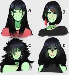  1girl alternate_hairstyle black_hair blue_eyes bone choker dual_persona female_orc green_skin long_hair monster_girl nina_(scathegrapes) orc scathegrapes short_hair solo teeth wink 